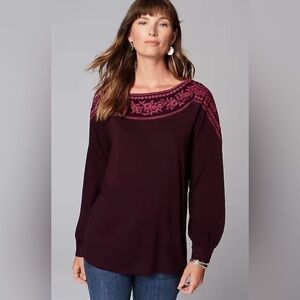 J.Jill Women’s Size XS Long Sleeve Round Neck Purple Embroidered Tee